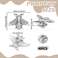 合金製蜂のラペルピンバック40個  バックパックの服のバッジ  アンティークシルバー  20x26x3mm  ピン：1mm&nbsp;JEWB-GO0001-21AS