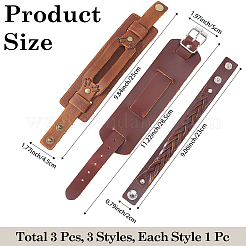 牛革ブレスレット3個、3スタイル  男性用スナップブレスレット  サドルブラウン  9-1/8~11-1/4インチ（23cm）  1個/スタイル&nbsp;BJEW-CL0001-39B