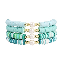 4Pcs 4 Colors Handmade Polymer Clay Heishi & Shell Pearl Beaded Stretch Bracelets for Women&nbsp;BJEW-JB12271