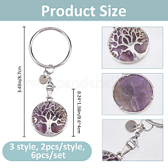 6Pcs 3 Styles Natural Amethyst & Synthetic Synthetic & Watermelon Stone Glass Keychain&nbsp;KEYC-FH00070