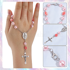 2Pcs Alloy Virgin Cross & Synthetic Coral Rose Flower Rosary Hanging Ornaments for Car Decor&nbsp;HJEW-SC0003-43