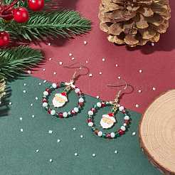 Glass Beaded Big Ring with Christmas Santa Claus Alloy Dangle Earrings&nbsp;EJEW-TA00079