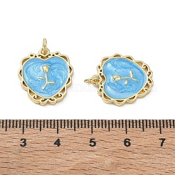 真鍮とエナメルのペンダント  バラ柄のハートチャーム  ラックめっき  長持ちメッキ  鉛フリー＆カドミウムフリー  18KGP本金メッキ  ディープスカイブルー  19x16.5x2mm  穴：3mm&nbsp;KK-CBAD360-02G-02