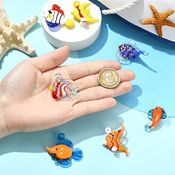 7個7スタイル手作りランプワークペンダント  魚のチャーム  ミックスカラー  25~41x30~44x11~35mm  穴：1.2~5mm  1個/スタイル&nbsp;LAMP-CJ0002-96