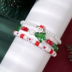 3個 3スタイル ポリマー粘土&ガラスビーズストレッチブレスレットセット  クリスマスツリーとサンタクロースの重ね付けできるブレスレットキット  グリーン  内径：2-1/8~2-1/4インチ（5.3~5.7cm）  1個/スタイル&nbsp;BJEW-JB10676