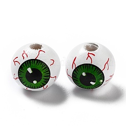 ハロウィーン スプレー塗装ウッド ビーズ  丸くて緑色の目の模様  ホワイト  15.5~16x14.5~15mm  穴：4mm&nbsp;WOOD-C002-02