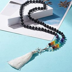太陽とタッセルの大きなペンダント仏教ネックレス  女性のための天然溶岩岩と混合アクセサリー用原石のマラビーズジュエリー  27.56インチ（70cm）&nbsp;NJEW-JN03804