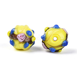 手作りゴールドパウダー入りランプワークビーズ  凹凸のあるランデル  きいろ  13~15x10.5~12.5mm  穴：1~1.5mm&nbsp;LAMP-N038-02D