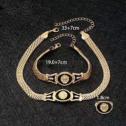 亜鉛合金エナメルペンダントネックレス＆ブレスレット＆リングセット  ライオンの頭の模様が入った楕円形  ゴールドカラー  ネックレス：330ミリメートル&nbsp;FS-WG03226-01