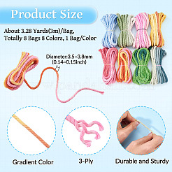 8袋 8色 3本撚り丸綿ツイストコード  グラデーションカラー  DIYクラフト用  ミックスカラー  3.5~3.8mm  約3.28ヤード（3m）/バッグ  1袋/色&nbsp;OCOR-TA0003-82A