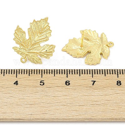真鍮製スタッドピアスパーツ  カドミウムフリー＆ニッケルフリー＆鉛フリー  カン付き  葉  18KGP本金メッキ  21.5x18mm  穴：1mm  ピン：0.8x11.5mm&nbsp;KK-Z099-04G-02-1