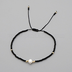 Adjustable Glass Seed Bead Braided Bead Bracelets for Women, with Natural Freshwater Pearls & Brass, Black, 11.02 inch(28cm)
