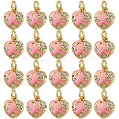 20Pcs Brass Micro Pave Clear Cubic Zirconia Charms, with Jump Rings, Real 18K Gold Plated, Heart with Awareness Ribbon, Pearl Pink, 11.5x10x2.5mm, Hole: 3.5mm