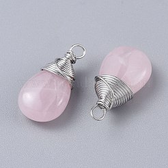 天然石ローズクォーツペンダント  プラチナメッキ真鍮線付き  ティアドロップ  24~30x13~16x8mm  穴：3x3.5mm&nbsp;G-K305-D03-P