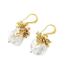 Shell Pearl Beads & Brass Dangle Earrings for Women&nbsp;EJEW-JE07261