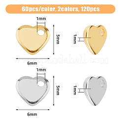 120個 2色 201ステンレススチールチャーム  空白タグのスタンプ  ハート  ミックスカラー  5x6x1mm  穴：1mm  60個/カラー&nbsp;STAS-DC0015-74