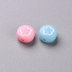 不透明なアクリルビーズ  白いハートと花と月と星のフラットラウンド  ミックスカラー  7x4mm  穴：1.6mm&nbsp;MACR-N008-40