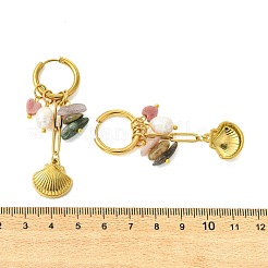 304ステンレススチールフープピアス  シェル形状  真鍮のペンダントと天然トルマリン付き  ゴールドカラー  57x16mm&nbsp;EJEW-JE07008-02