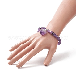 Round Natural Amethyst Beaded Stretch Bracelet with Nuggets Charms for Women&nbsp;BJEW-JB09316-01