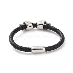 304ステンレススチール製スカルビーズブレスレット、マグネット留め具付き  男性の女性のための黒革編組コード パンク リストバンド  ステンレス鋼色  8-3/8インチ（21.3cm）&nbsp;BJEW-P275-26P