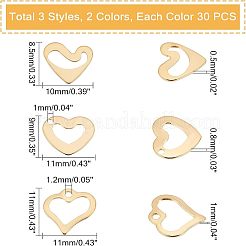 180個 6スタイル 201ステンレススチールチャーム  レーザー切断  中空  ハート  ミックスカラー  7~11x10~11x0.5~1mm  穴：1~1.4mm  30個/スタイル&nbsp;STAS-UN0031-55