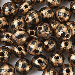 天然木製ビーズ  チェック柄ビーズ  タータン模様  ラウンド  ゴールド  5/8インチ（16mm）  穴：4mm&nbsp;LS-WOOD-TAC0010-05I