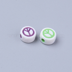 不透明な白いアクリルビーズ  混合色のピースサインが付いたフラットラウンド  6.5x3.5mm  穴：1.6mm  約3600個/500g&nbsp;MACR-S273-42