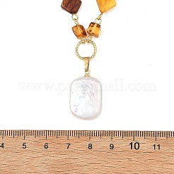 Rectangle Natural Baroque Keshi Pearl Pendant 304 Stainless Steel Natural Amber Rhombus Beaded Chain Necklaces&nbsp;NJEW-JN06664