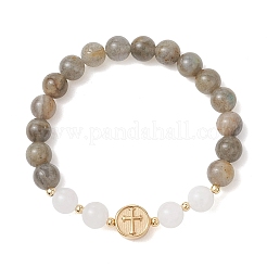Round Natural Labradorite & White Jade Beads Stretch Bracelets&nbsp;BJEW-JB13674