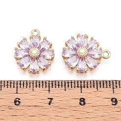 18KGP本金メッキ真鍮マイクロパヴェキュービックジルコニアペンダント  ニッケルフリー  花  ラベンダー  15x12.5x3.5mm  穴：1.4mm&nbsp;KK-S360-043B-NF