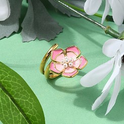 女性用フラワー 304 ステンレススチール エナメル カフ リング  プラスチック模造パールと  18KGP本金メッキ  22.5mm  usサイズ7 1/4(17.5mm)&nbsp;RJEW-Z079-01G