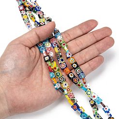 正方形のハンドメイドミッレフィオーリガラスビーズ  ミックスカラー  8x8x3mm  穴：0.5mm  約48個/連  14.9インチ&nbsp;X-LK-R004-52