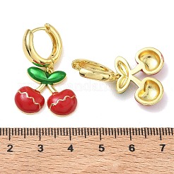 真鍮とエナメルのフープ型ドロップピアス（女性用）  チェリー  ラックめっき  長持ちメッキ  鉛フリー＆カドミウムフリー  18KGP本金メッキ  レッド  32x21.5mm&nbsp;EJEW-A167-20G-02