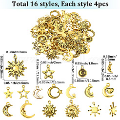 64pcs16スタイルチベットスタイル亜鉛合金ペンダント  アンティーク黄金  混合図形  13~28x6.5~24.5x1.5~4mm  穴：1.6~2mm  4個/スタイル&nbsp;FIND-SC0018-01