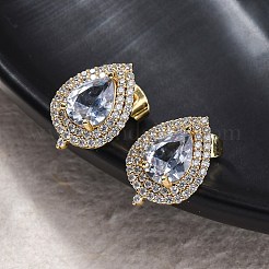 ティアドロップ真鍮マイクロパヴェクリアキュービックジルコニアスタッドピアス  16KGP本金メッキ  17.5x12mm&nbsp;EJEW-Z087-02G