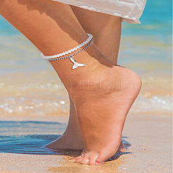 1P Zinc Alloy Twisted Chain Wahle Tail Charm Anklets and 1Pc White Faceted Round Acrylic Beaded Anklets&nbsp;AJEW-LP0007-68