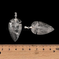 水晶ペンダント  矢じり型のチャーム、真鍮製のスナップ式留め具付き  プラチナ  40.5x20x8mm  穴：5.5x4mm&nbsp;G-H359-04P-08