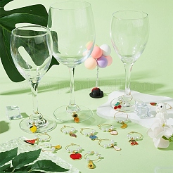 合金エナメルワイングラスチャーム  真鍮のフープピアスとガラスパールビーズ付き  混合形状の果物  ミックスカラー  48~55mm  14個/セット&nbsp;AJEW-SC0002-10