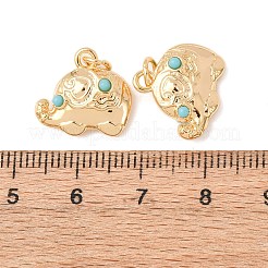 真鍮チャーム  象のチャーム  アクリル製のイミテーションターコイズとジャンプリング付き  ラックめっき  長持ちメッキ  18KGP本金メッキ  14x15x5.5mm  穴：3mm&nbsp;KK-A279-02G