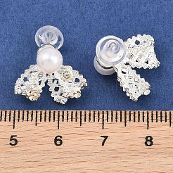 リボン型合金マイクロパヴェキュービックジルコニアスタッドピアス  女性用プラスチック模造真珠付き  銀  14x16mm&nbsp;AL-CBA3C8B-06P