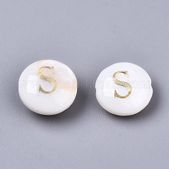 天然淡水シェルビーズ  金メッキ真鍮エッチング金属装飾付き  フラットラウンド  貝殻色  文字.s  8x3~5mm  穴：0.5~07mm&nbsp;SHEL-S266-12S