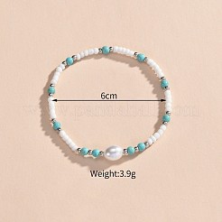Bohemian Style Resin & Synthetic Turquoise & Rice Plastic Pearl Beaded Stretch Anklets for Women&nbsp;FS-WG314A7-01