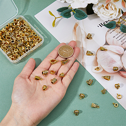 150スタイルのチベットスタイルの合金チューブベイル10個。  ループベイル  花＆チューブ＆平丸＆葉  アンティーク黄金  6.5~14x6.5~8x3.5~7.5mm  穴：1.4~2mm  内径：2.8~4.7mm  15個/スタイル&nbsp;FIND-DC0004-78