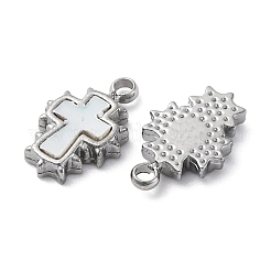 304 ステンレススチール パヴェ ナチュラル ホワイト シェル クロス チャーム  ステンレス鋼色  10x6x1.5mm  穴：1mm&nbsp;STAS-S163-26P