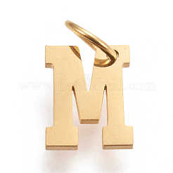 304ステンレスペンダント  丸カン付き  手動研磨  ゴールドカラー  文字.m  10x8x1mm  穴：4.5mm&nbsp;STAS-M276-A21
