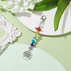 生命の木チベットスタイル合金ペンダント装飾  天然石チップビーズとカニカン付き  フラットラウンド  93mm  ペンダント：74x17mm&nbsp;HJEW-JM01667-01