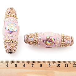 手作りのインドネシアビーズ  鉄と  absプラスチック  樹脂とガラス  花の付いた長い楕円形  ピンク  60x20mm  穴：4.8mm&nbsp;FIND-Q106-25