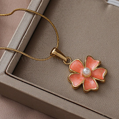 304 Stainless Steel Enamel with Imitation Pearl Flower Pendant Necklaces for Women&nbsp;ZA2839-2