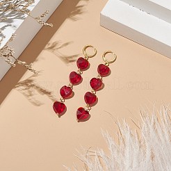グラスハートタッセルダングルフレンチフックピアス  女性用ゴールドブラスロングドロップイヤリング  レッド  70mm  ピン：0.8mm&nbsp;EJEW-TA00200