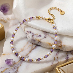 Natural Amethyst & Imitation Pearl Beaded Bracelets for Women&nbsp;UB9347